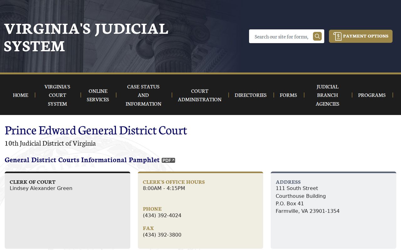 Prince Edward General District Court clerk and local schedule page