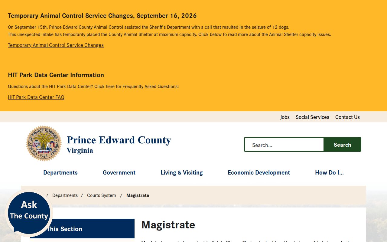 Prince Edward County District 10 magistrate page and magistrate functions