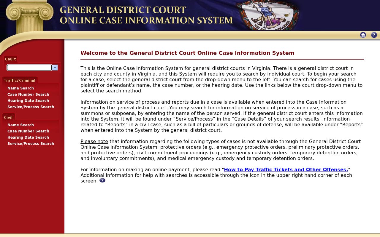 Virginia General District Court search court-selection screen