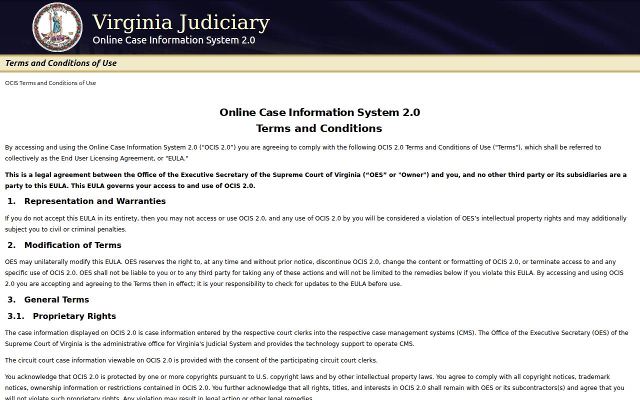 Prince Edward County warrant records: Virginia OCIS search screen