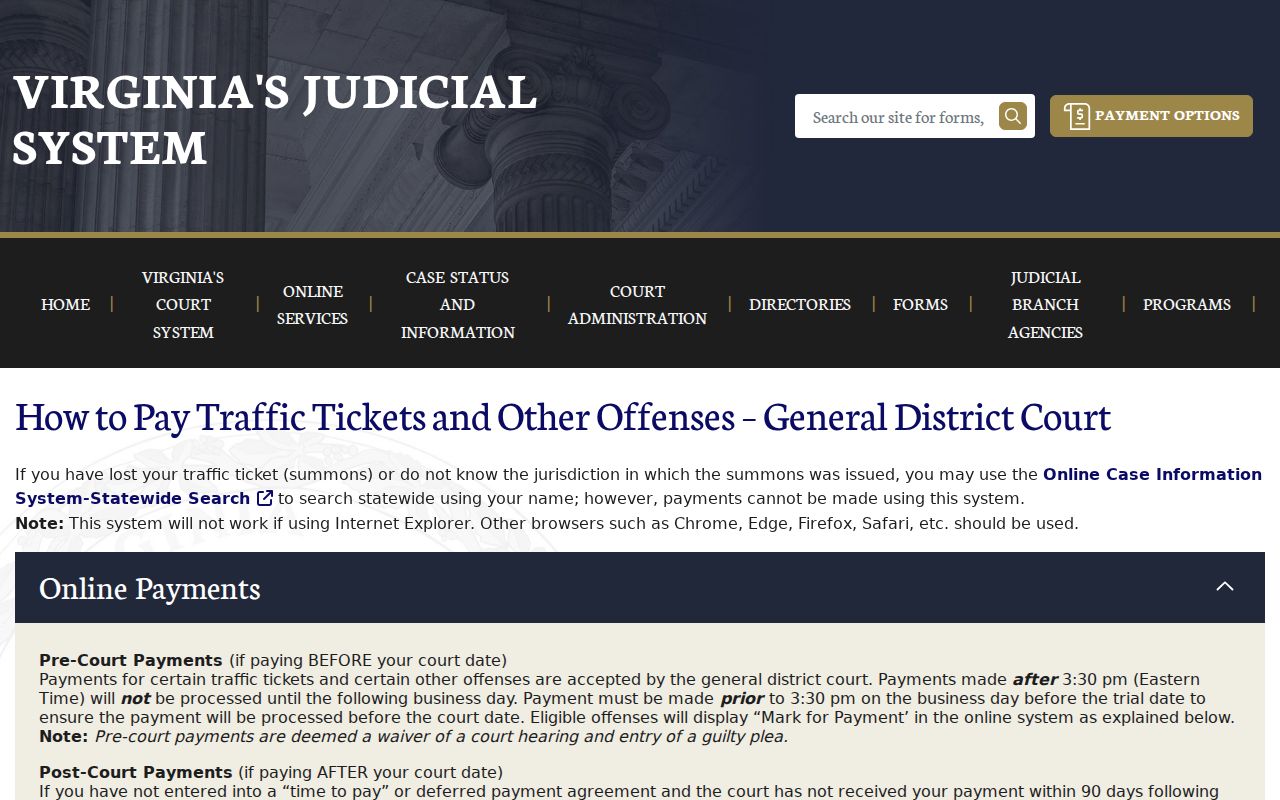 Prince Edward County traffic warrant records: Virginia traffic case lookup and payment screen