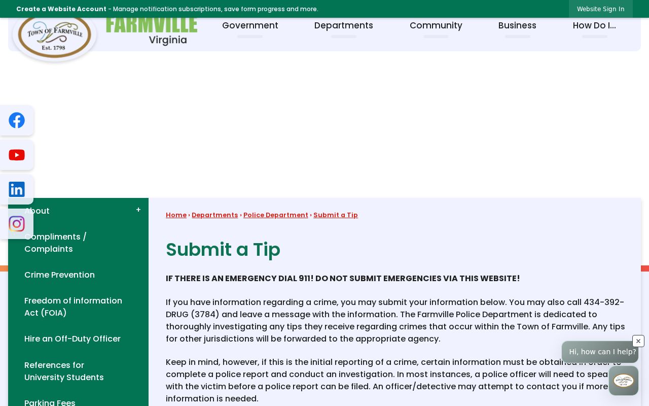 Farmville Police anonymous tip form and emergency instructions