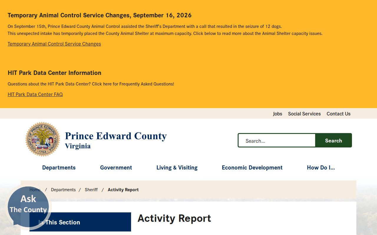 Prince Edward County warrant records: Sheriff activity report event fields