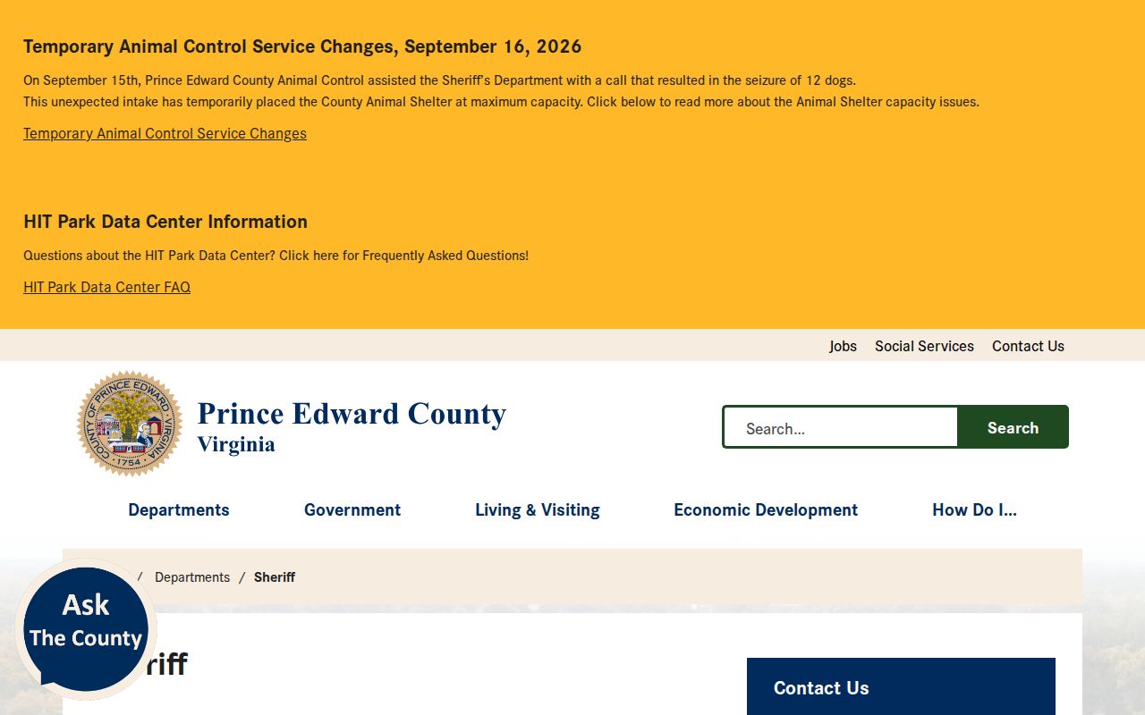 Prince Edward County Sheriff’s Office contact and warrant information page